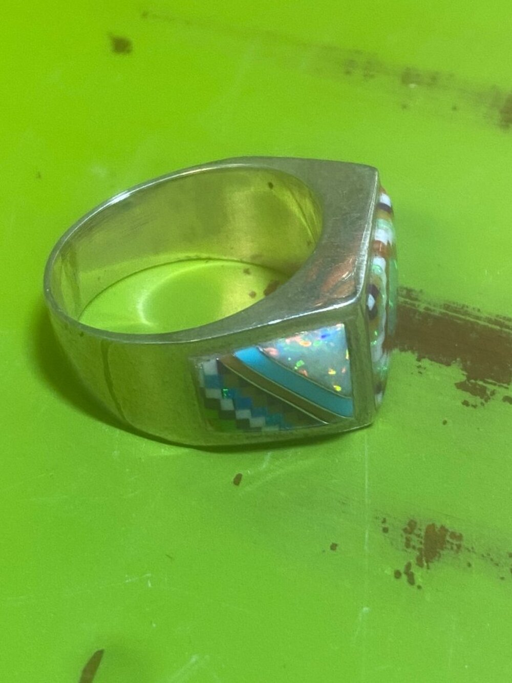 Zuni Men's Ring Size 10 1/2 Inlay Sterling Silver Opal Native American Ethnic - Picture 10 of 12